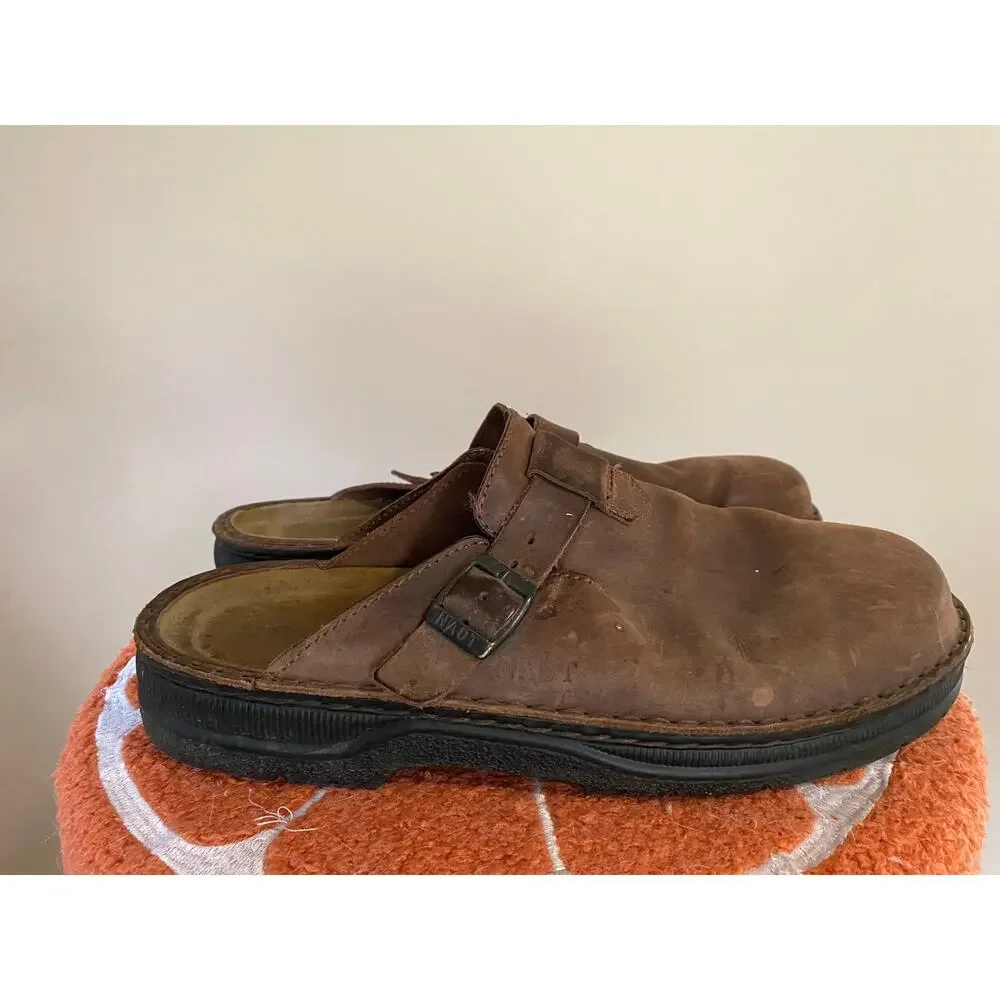 Naot Fiord Mule Sandals Mens 12 EU 45 Brown Leather Slip On Sandal Clog Shoe